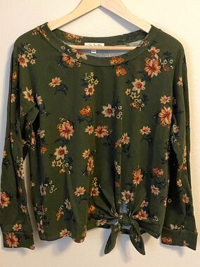 Nine Britton - Olive Floral Tie-Hem Long Sleeve Top - Boho Blouse - Size M